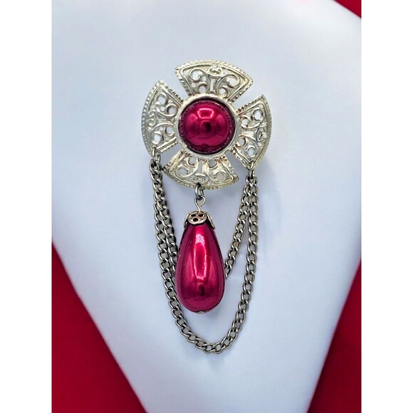 Victorian Revival Brooch Red Faux Draping Dangle Swag Chain Estate Jewelry Pin - Picture 9 of 9